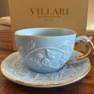 Blue and Gold Porcelain Teacup and Saucer Set